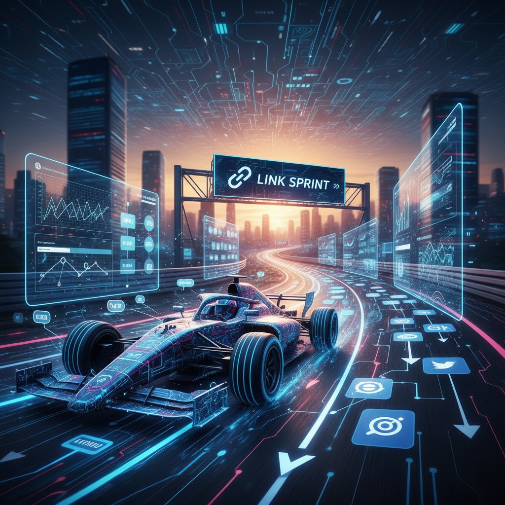 En racerbil kører på en digital motorvej fyldt med datagrafikker og et skilt med teksten Link Sprint foran en futuristisk by.